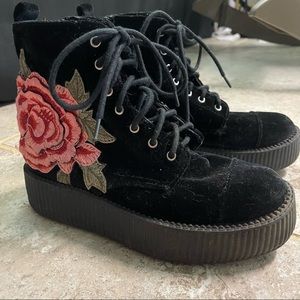T.U.K. BLACK VELVET 3D ROSE EMBROIDERED BOOTS